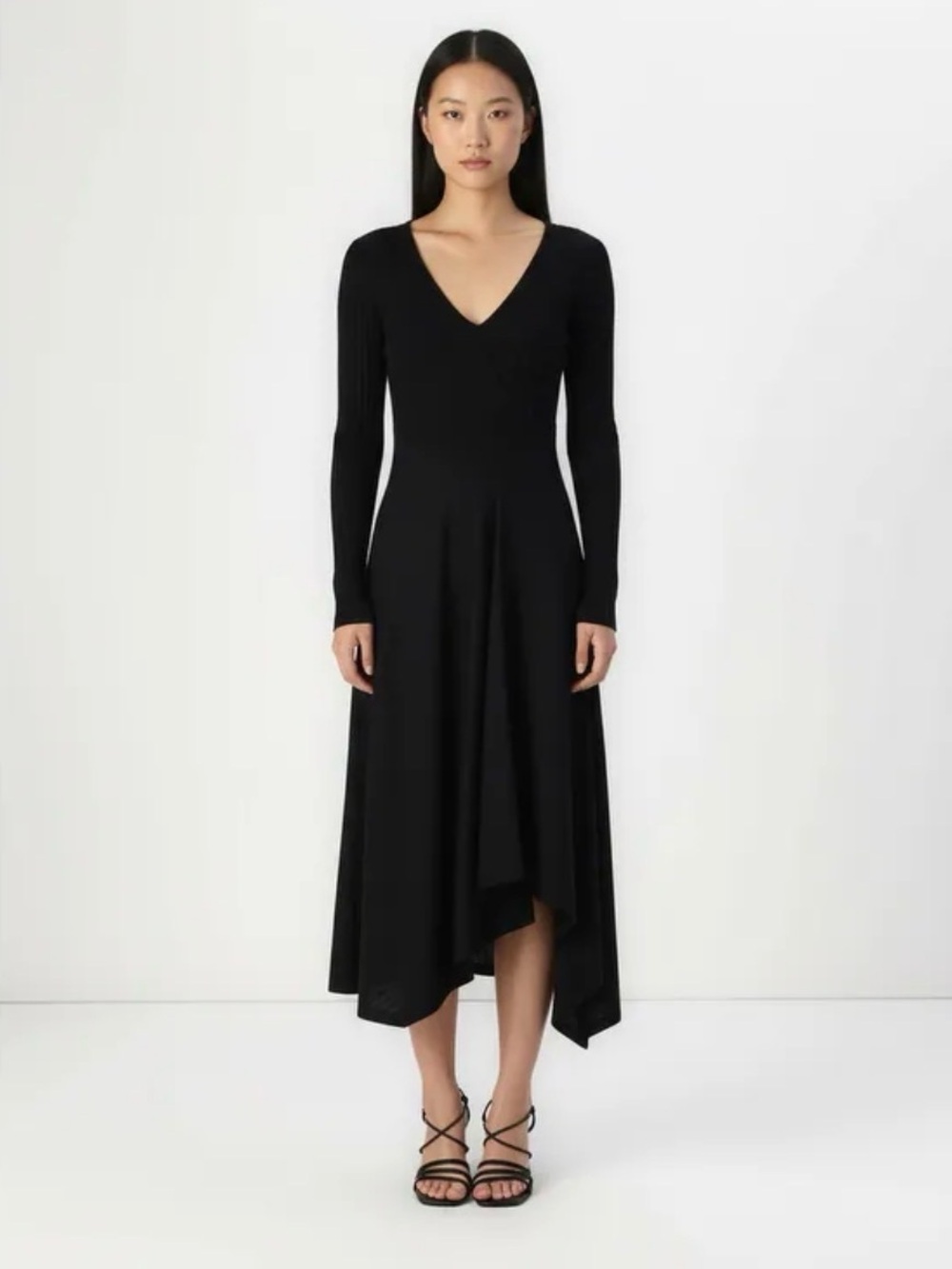 DKNY Black Asymmetrical V-Neck Long Sleeve Midi Dress.